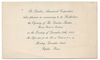 1919 Dunbar Theatre Grand Opening Card - Lafayette Theatre Group From Harlem