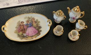 Limoges France Miniature 10 Pc Teaset Pink Floral W Gold Trim Courting Couple