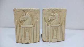 Vintage Syroco Wood Carved Horse Head Empire State Building Bookends 1930 
