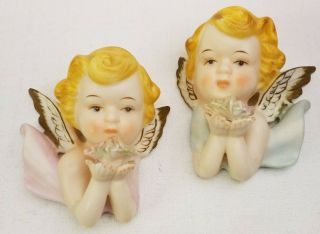 Vintage Tilso Japan Cherub Angel Faces Porcelain Wall Hanging Plaques Set Of 2
