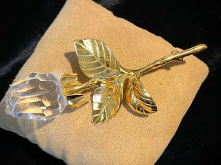 Swarovski Swan Signed Carved Crystal Rose Flower Gold Tone 3.  25” Brooch Pin