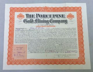 The Porcupine Gold Mining Company 1908 Stock Certificate Portland,  Maine 50 Share
