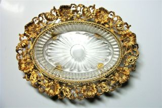 Ornate Vintage Ormolu Style Beveled Glass,  Metal Filigree Flower Soap Dish