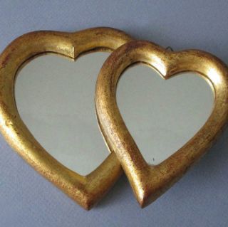 2 Vintage Miniature Gold Leafed Wood Heart Shaped Florentine Mirrors Italy