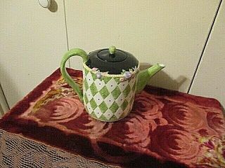 Mary Engelbreit Black/green Diamond W/floral Ceramic Coffee Tea Pot With Lid