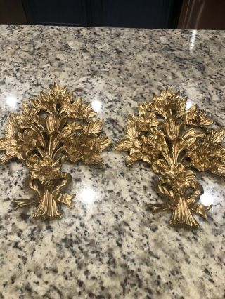 Set Of Vintage Italian Made Syroco Ornate Gold Flowers Wall 15”