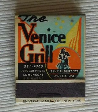 Philadelphia Brewing Co.  Matchbook,  The Venice Grill,  Pa. ,  Full,  Old Sock Beer