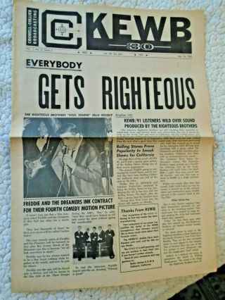 1965 Top 30 Radio Station Newspaper Kewb/91 Righteous Brothers Stones Beatles