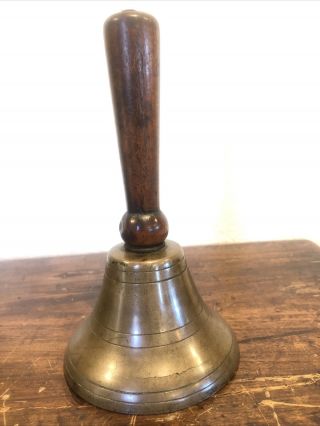 Antique Brass School Bell W Wood Handle - Teacher Gift 8 1/4” Tall