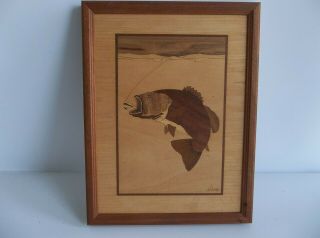 Vintage Hudson River Inlay Nelson Wood Marquetry Bass Picture 12 3/4 " X 9 3/4 "