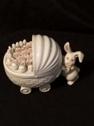 Vintage Fitz And Floyd Bunny Rabbit Pushing Carriage Lidded Candy Dish 1979