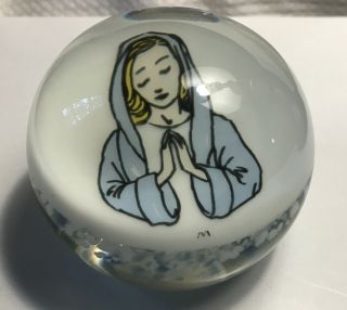 Hand Blown Glass Paper Weight Lady Praying Nun Religious Vintage Blue Layered