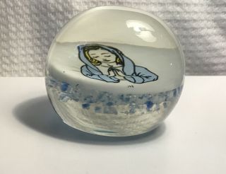 Hand Blown Glass Paper Weight Lady Praying Nun Religious Vintage Blue Layered 2