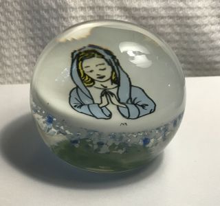 Hand Blown Glass Paper Weight Lady Praying Nun Religious Vintage Blue Layered 3