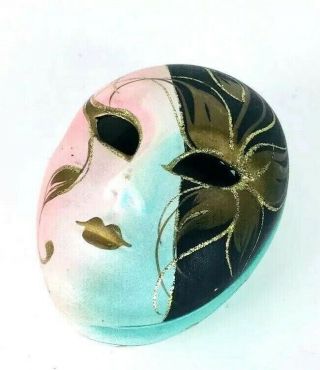 Vintage Venezia Handpainted Ceramic Mask Trinket Box Made In Italy
