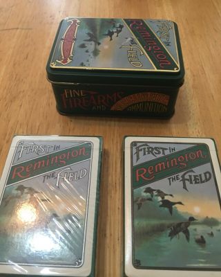 Vintage Remington Tin With 2 Decks Of Cards " First In The Field "