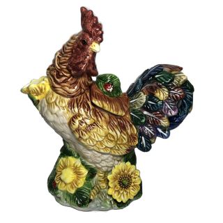 Rooster Teapot Pitcher Majolica Lidded Vintage Daisies Ladybug 10.  5”tall