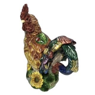 Rooster Teapot Pitcher Majolica Lidded Vintage Daisies Ladybug 10.  5”tall 2