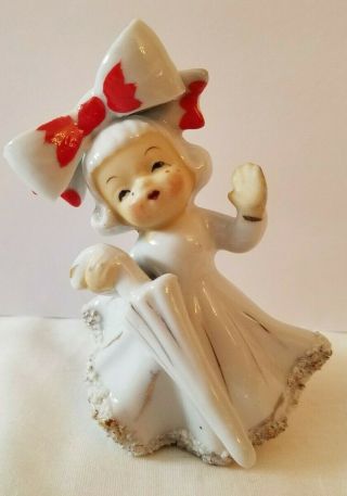 Vintage Lefton Ceramic Girl W/ Bow & Umbrella Figurine Spaghetti Trim Rare Mcm