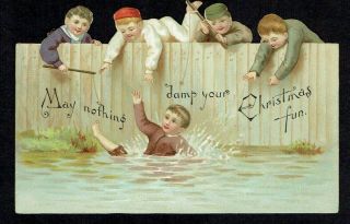Double Sided Shaped Victorian Christmas Greetings Card Boys Playing One In Water
