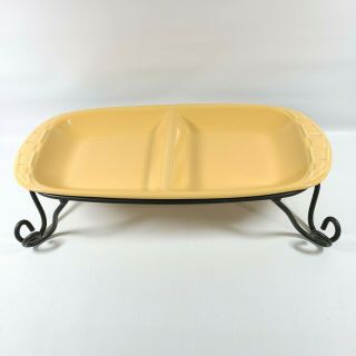 Longaberger Pottery Divided Serving Dish Butternut Yellow Wrought Iron Stand