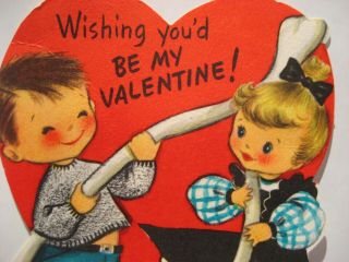Vintage Valentine Card Cute Boy Girl Huge Wishbone Wishing You 