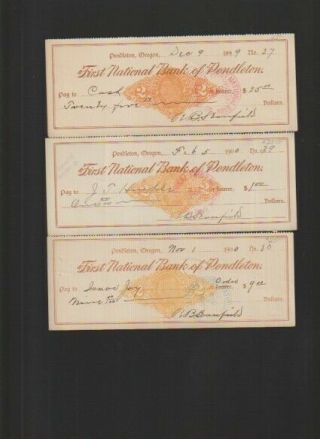 3 Antique Checks The First National Bank Of Pendleton Oregon Revenue 1899 - 1900