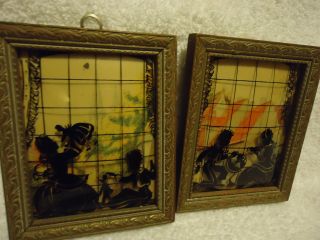 Framed Pair 4 " X 5 " Convex Glass Silhouette Picture Reverse Painted Wall