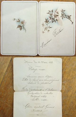 Menu: French 1892 Color Litho,  Handwritten W/flowers