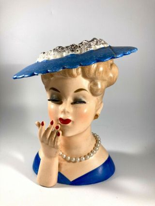 Vintage Napco Ware Lady Head Vase Blue & Gold Hat/ Pearls