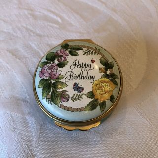 Halcyon Days English Enamels " Happy Birthday " Floral Trinket Box
