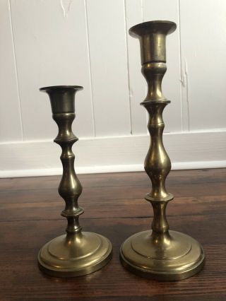 Pair Vintage Brass Candlesticks Candle Holders 7.  5 " And 9 " Tall/ Base 3.  5”