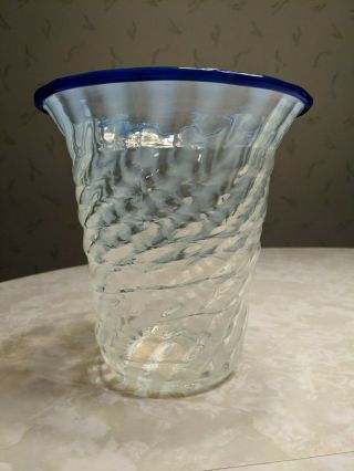 Vintage,  Art Glass Vase With Opalescent Swirls And Vibrant Cobalt Blue Edge
