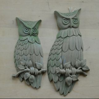 Sexton Owls Set Of 2 Vintage Cast Aluminum Metal 13” 11” Wall Hanging