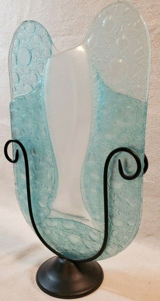Glass Art Flower Bud Vase Light Blue/green Metal Holder Bubbles Thin 15 " H X 9 "