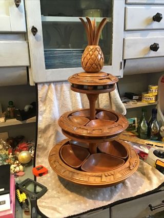 Vintage 3 Tier Carved Lazy Susan Serving Tray.  Spins Around.  27” Tall.