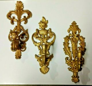 Ornate Syroco Style,  Gold Wall Candle Sconce,  Hollywood Regency,  Mixed Set Of 3
