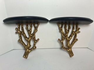 2 Vintage Gold Wood Wall Display Shelf Sconces Grooved Plate Harmony House 9”