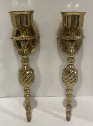 Vintage Solid Twisted Brass Sconce Wall Hanging Taper Candle Holders 10”