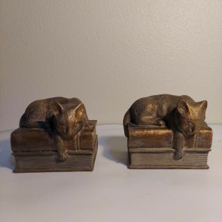 Cat On Books Bookends Paperweights Bronze Color (set Of 2) Heavy