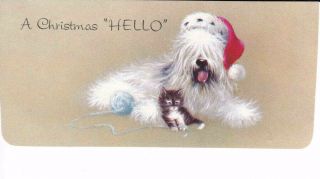 Vintage Mid Century Dog Santa Hat Kitten Artist Tyrus Wong Christmas Card Front