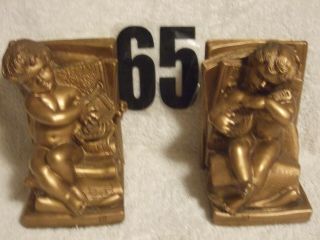 Antique 1965 Signed And Dated Decorative Bookends Of 2 Gold Angels Sign.