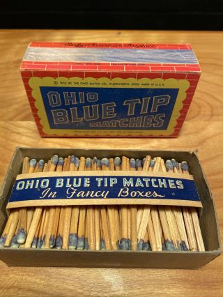 Vintage 1955 Ohio Blue Tip Matches " Early American Fireplace " Full Box