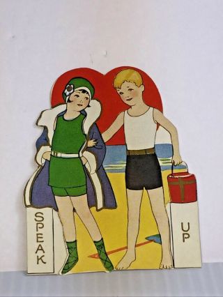 Vintage Valentine,  1927,  At The Beach & Ocean.  Boy & Girl,  Old Swimsuits.  Neat