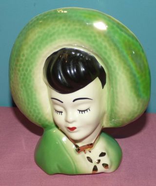 Vintage Porcelain Lady Head Vase Wall Pocket Green Hat & Dress Gold Gilt Trim