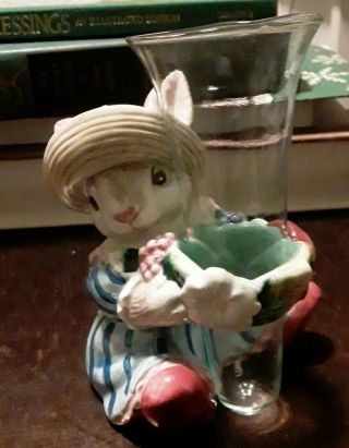 Vintage Fitz And Floyd Bunny Rabbit Holding Glass Bud Vase 1993 Bunny In Dress