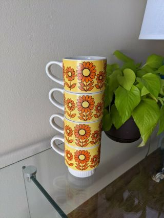 Set Of 4 Vintage 60s/70s Yellow Daisy Small Mugs Stackable Mcm Mod Orange Japan