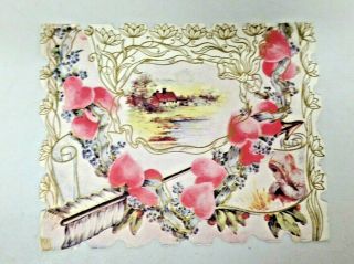 Vintage 1905 Die Cut Floral Embellished Valentine Greeting Card Pink Flower 6038