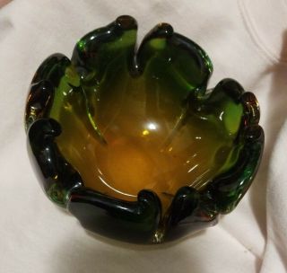 Vintage Murano Art Glass Ashtray Bowl Amber Green