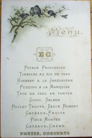 Menu: French 1890 Color Litho W/birds - Rosbeef A La Jardiniere,  Gateau - Fruits